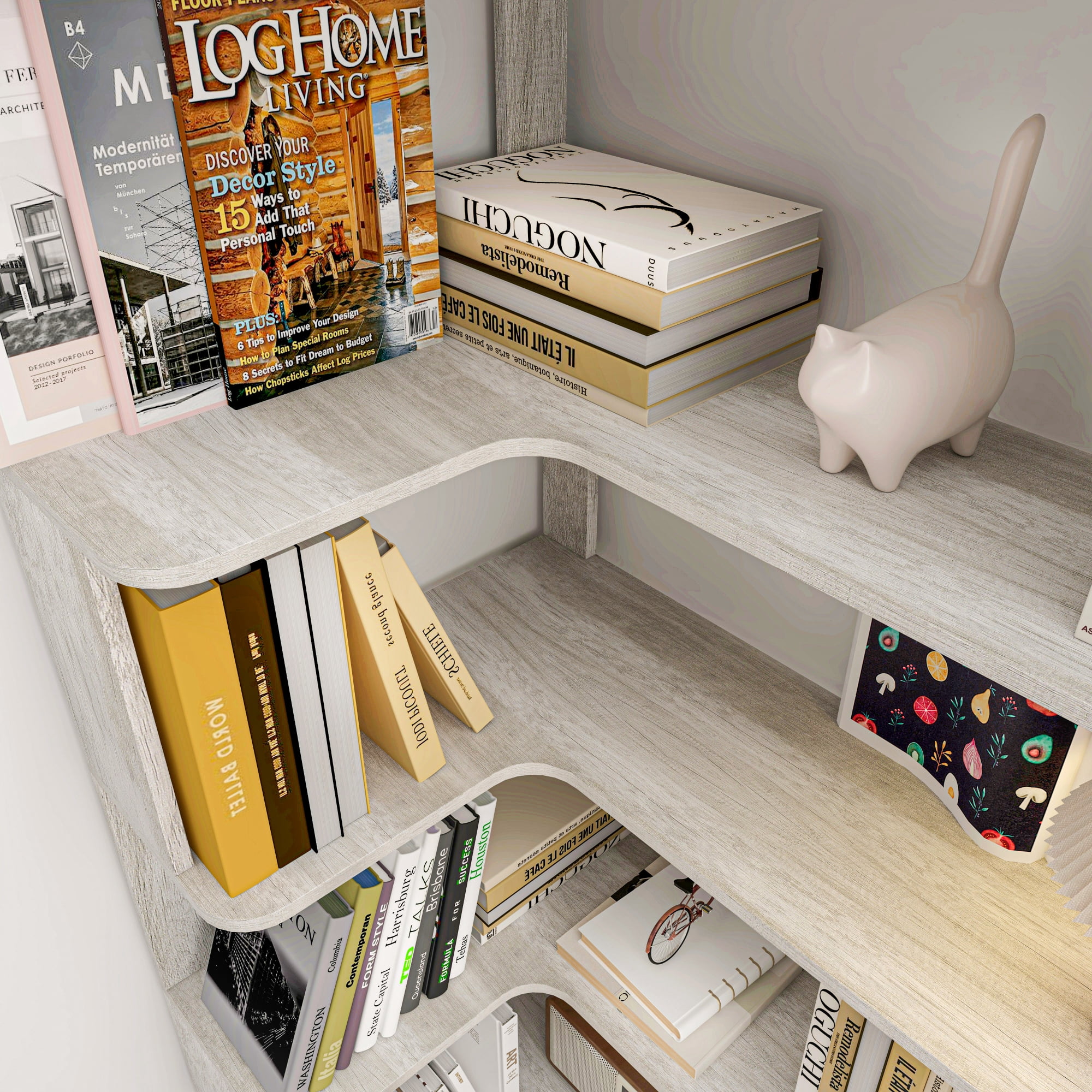 Leumius 5 Tier Freestanding L-Shaped Corner Bookshelf,Wooden Bookcase with Anti-drop Panel and Anti Tipping Device, Display shelf Open Storage,Light Gray