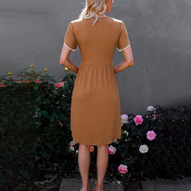 mustard yellow knee length dress YestheTOYS Ladies Brunch Short Sleeve for Women Boat Neck Long Midi Long Plain Summer Fall Dress 2026 Clothing x-fashionColour:Sage