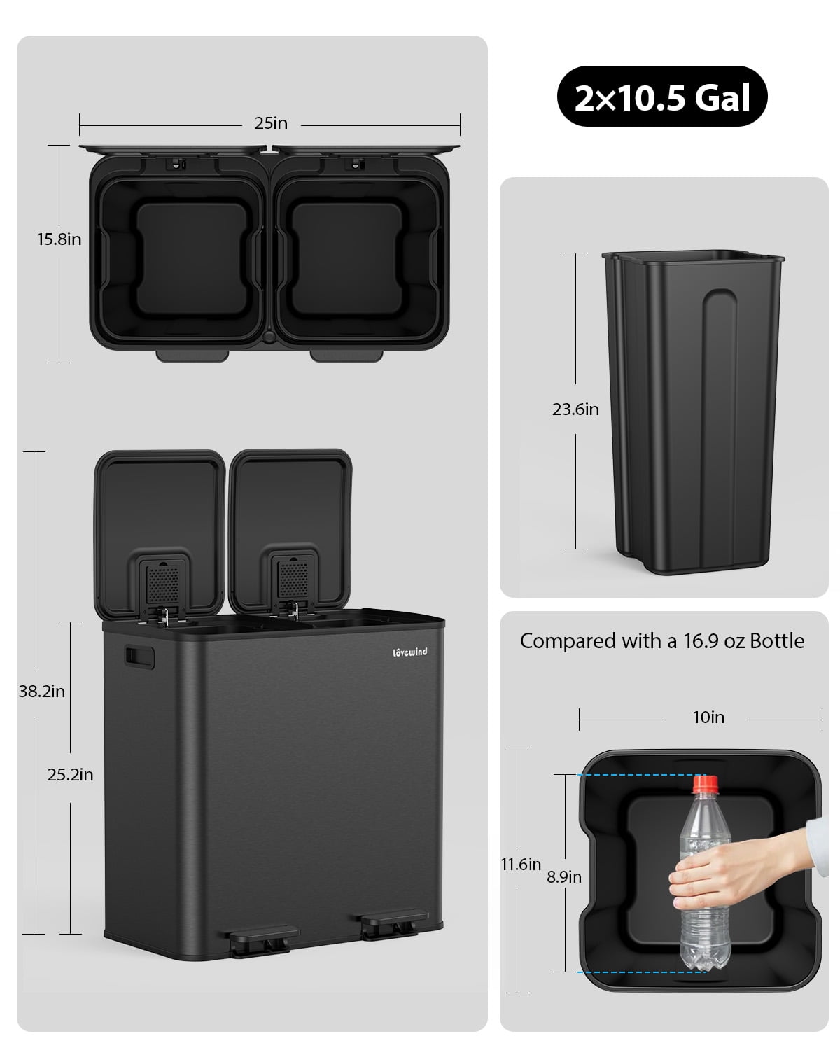 Dual Compartment Kitchen Trash Can, 2 x 10.5 Gallon Stainless Steel Garbage & Recycling Bin Combo for Kitchen, Soft Close Lids, Odor Proof, Hands Free