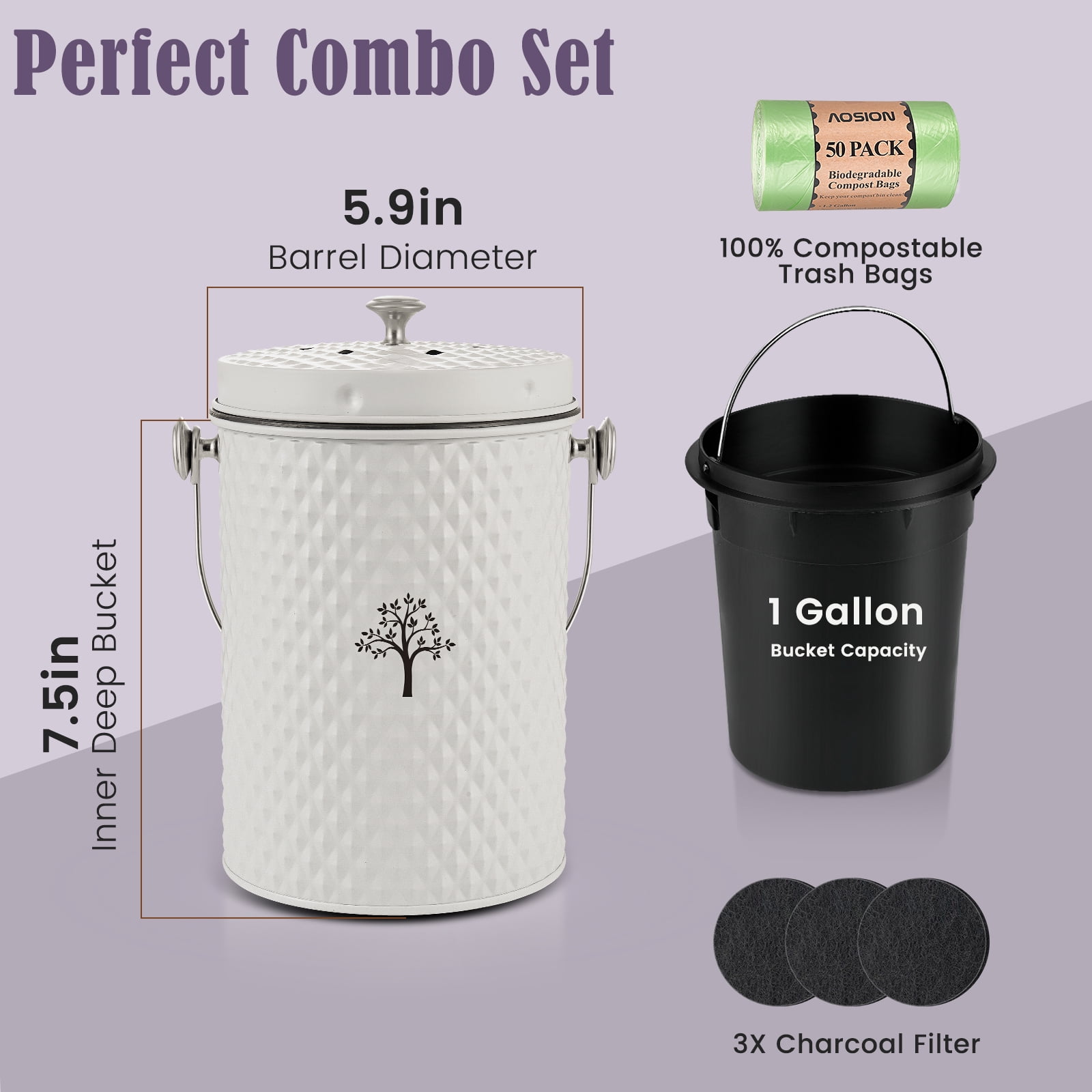 Countertop Compost Bin Kitchen,Odorless Indoor Compost Bin with Lid and Compost Bags,Compost Bucket Composter Container for Food Waste,Creamy White