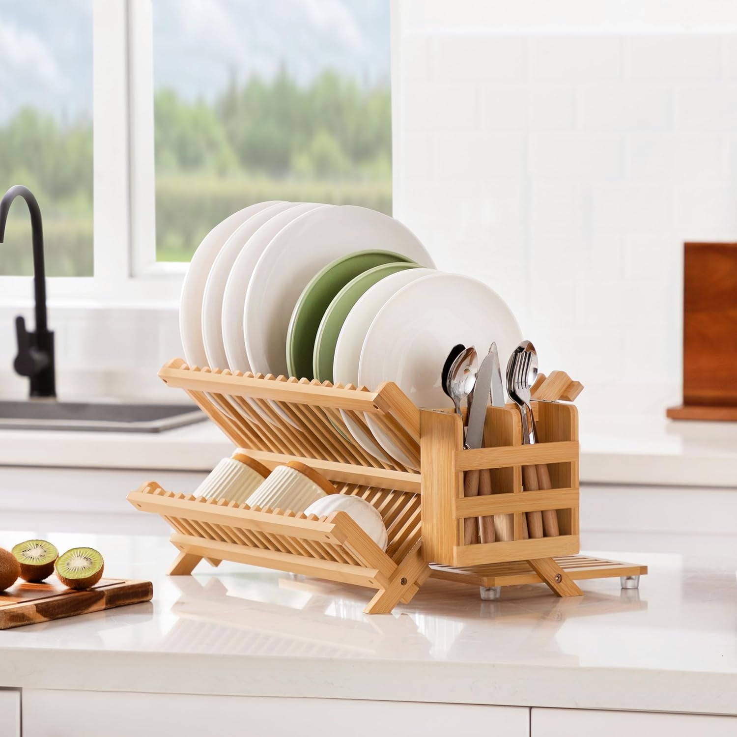 Bamboo Dish Drying Rack with Utensil Holder, 3 Tier Collapsible Dish Rack for Kitchen Counter, Large Folding Drying Holder, Dish Drainer, Kitchen Organizers and Storage