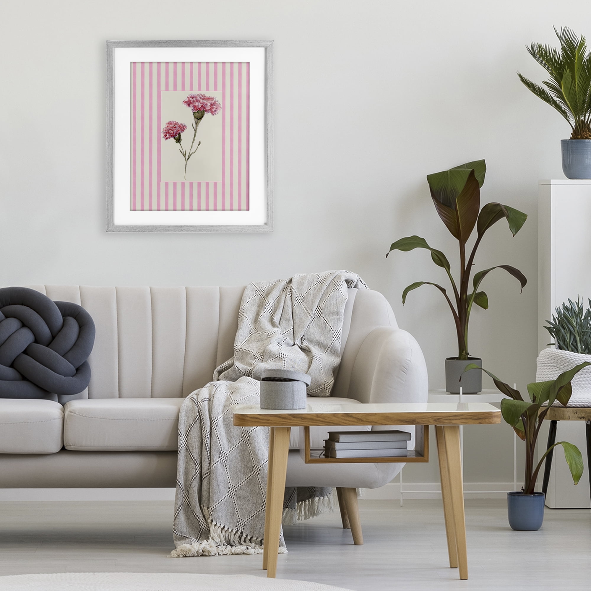 Pink Stripe Carnation Gray Framed Print Under Glass, design by Lisa Wehmeyer