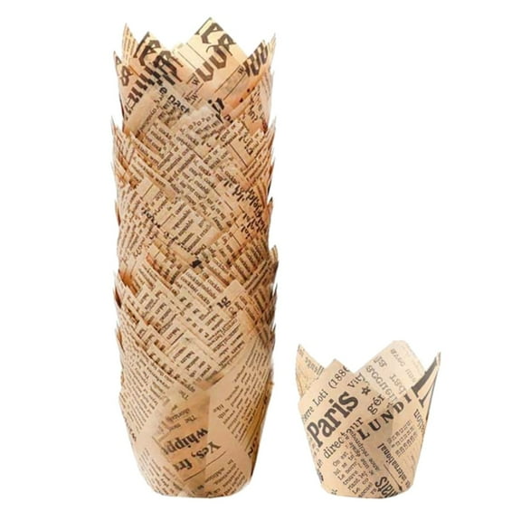 LYCAQL 200pcs Tulip Cupcake Liners Baking Cups Muffin Liner Grease-Proof Paper Cupcake Wrappers for Wedding, Birthday Party, Standard Size (Natural Newspaper Printed)