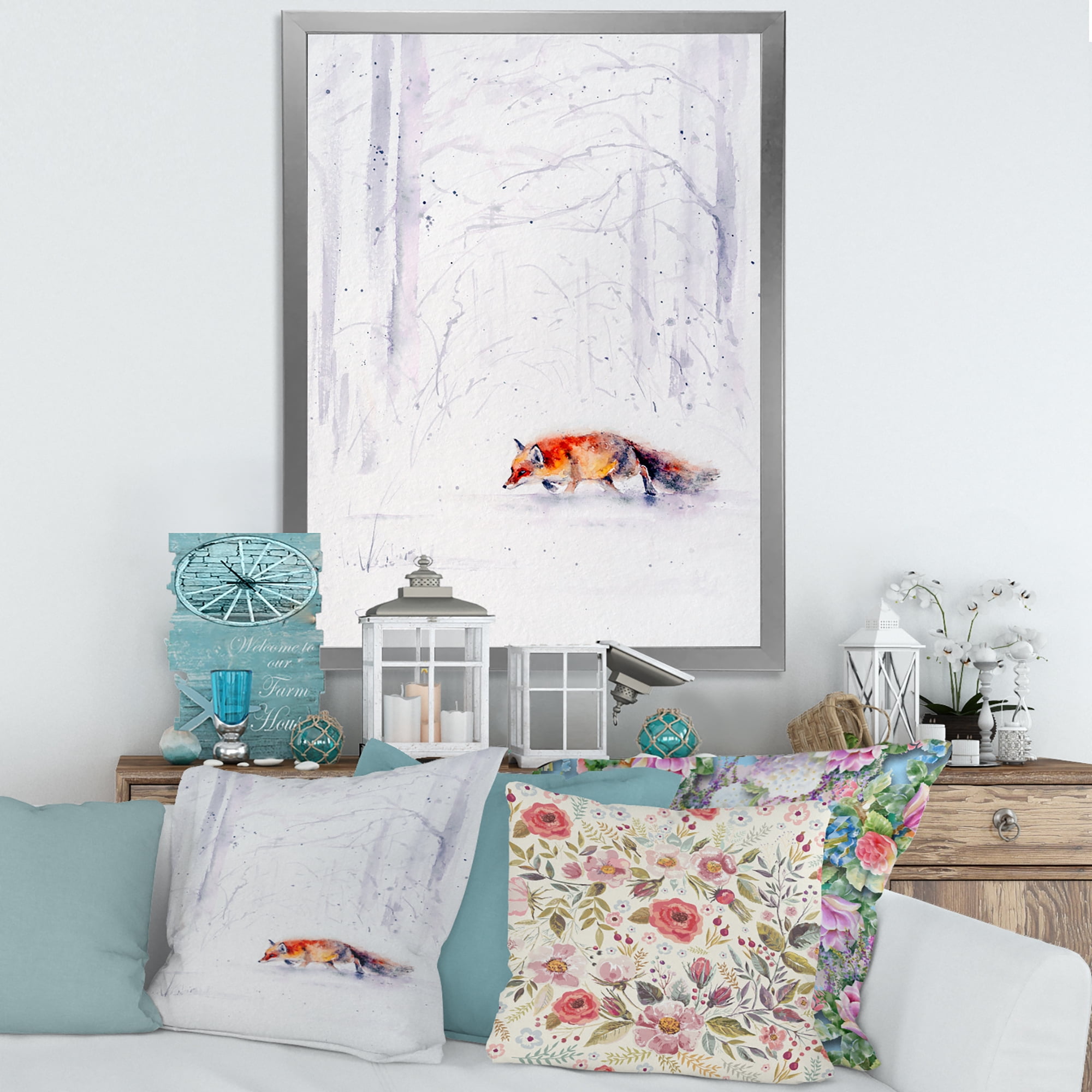 Designart 'Red Fox Running In White Snow in Countryside II' Farmhouse Framed Art Print