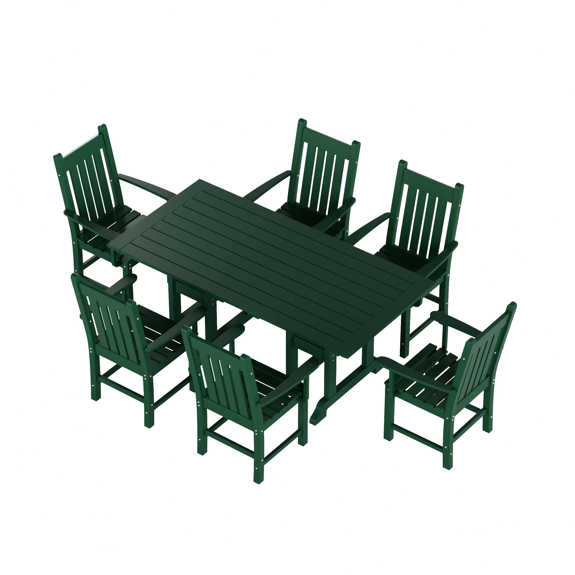 WestinTrends Malibu 7 Piece Outdoor Dining Set, All Weather Poly Lumber Patio Table and Chairs Furniture Set, 71" Trestle Dining Table with Umbrella Hole and 6 Arm Chairs, Dark Green