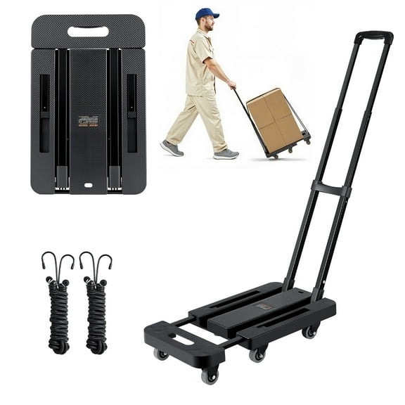 VEVOR Folding Hand Truck, 500 lbs Load Capacity, Collapsible Luggage Cart with 6 Wheels,2 Elastic Ropes & Expandable Base,Utility Dolly Platform Cart for Airport Travel Luggage Office Moving,Black