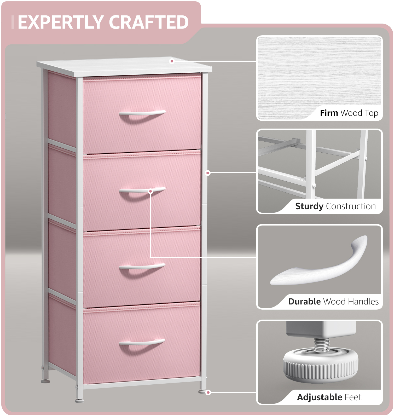 Sorbus 4-Drawer Nightstand, Bedside Table with Steel Frame, Wood Top, Pink