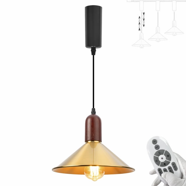 FSLiving Adjustable Height H Type Track Mount Timer Pendant Lighting Retro Cone Shape Designed Shade Walnut Wood Socket Industrial Style, Remote Control, 2200K-6500K Decorate for Kitchen Island