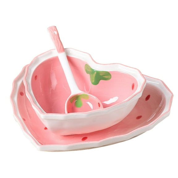 jicheng 3 Pieces Ceramic Soup Bowl Strawberry Heart Themed for Prepping Cooking Kids