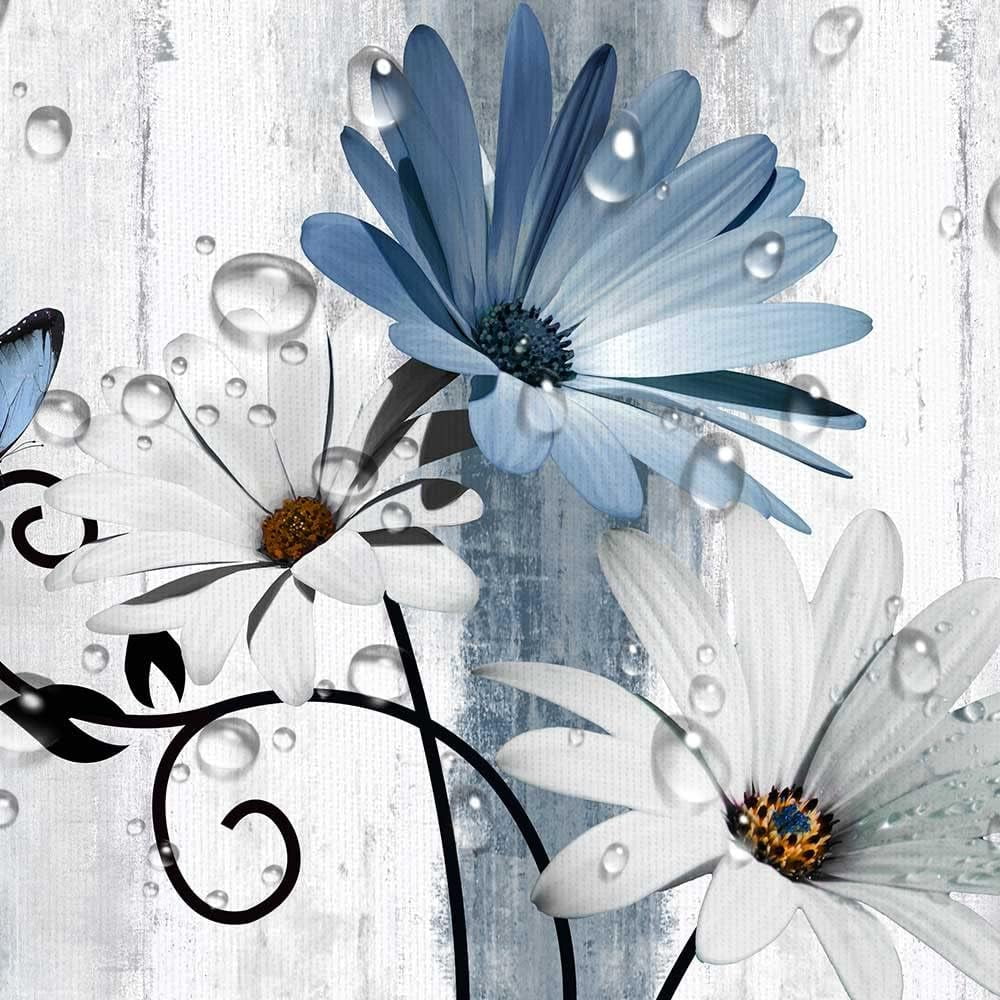 Rustic Farmhouse Shower Curtain, Farm Blue Daisy Floral Flowers and Butterfly on Country Wooden Shower Curtain for Bathroom, Turquoise Blue Bathroom Shower Curtains with 6PCS Hooks, 36X72IN