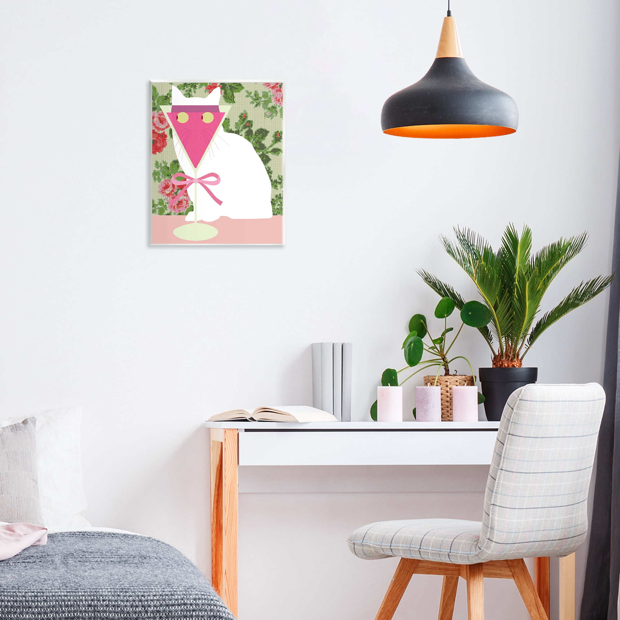 Stupell Industries White Cat with Pink Martini Wall Plaque Art, design by Lil' Rue