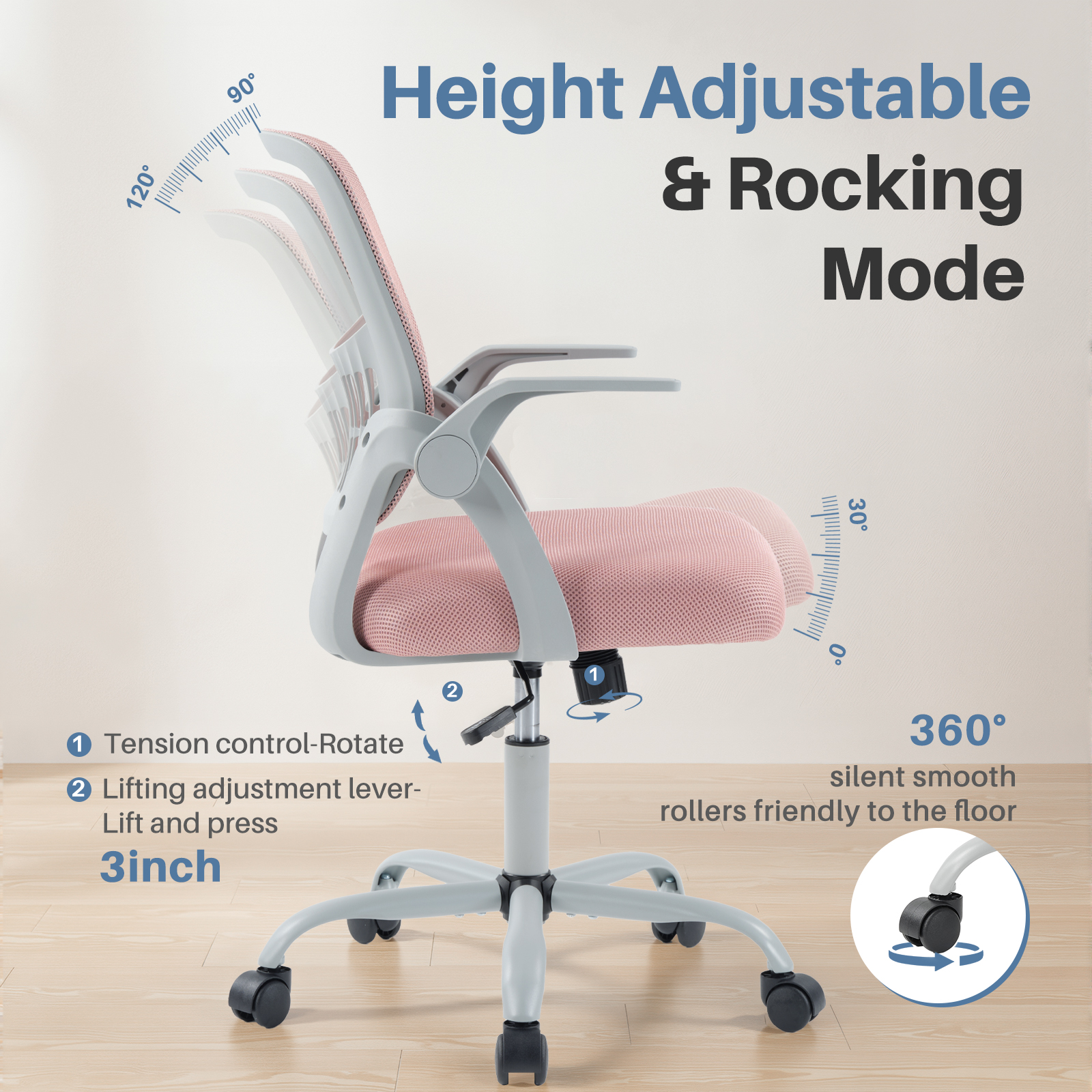 EDX Desk Chair with Ergonomic Lumbar Support, Flip-Up Armrests & Removable Footrest - 250lbs Capacity, Suitable for Home, Office, Bedroom, Pink