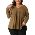 thumbnail image 1 of Agnes Orinda Blusas de Talla Grande para Mujeres, Camisetas de Manga Larga con Cuello Notched, Blusas con Pliegues en el Frente, 1X Marrón, 1 of 6