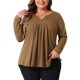 thumbnail image 1 of Agnes Orinda Blusas de Talla Grande para Mujeres, Camisetas de Manga Larga con Cuello Notched, Blusas con Pliegues en la Parte Frontal, 2X, Marrón, 1 of 6