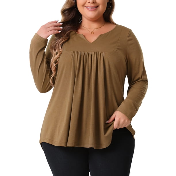 Agnes Orinda Blusas de Talla Grande para Mujeres, Camisetas de Manga Larga con Cuello Notched, Blusas con Pliegues en la Parte Frontal, 2X, Marrón