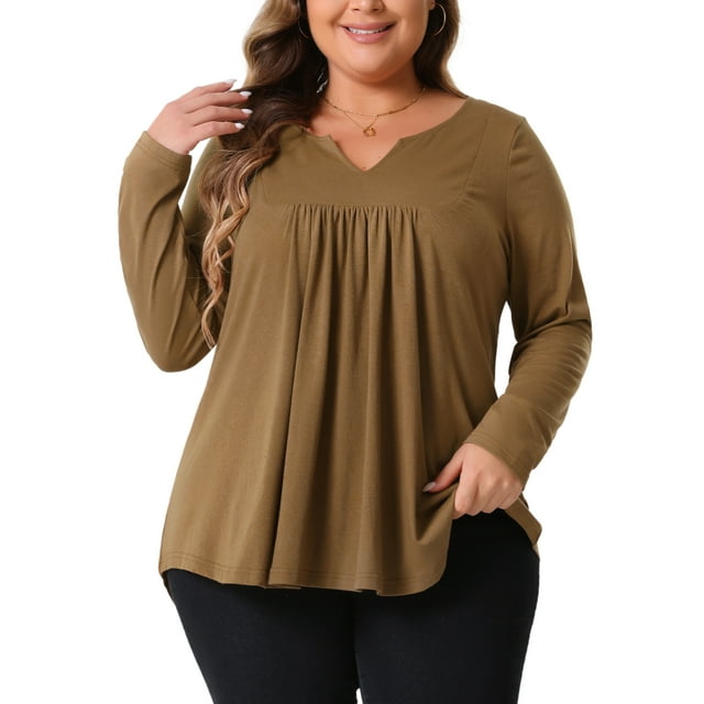 Agnes Orinda Blusas de Talla Grande para Mujeres, Camisetas de Manga Larga con Cuello Notched, Blusas con Pliegues en el Frente, 1X Marrón