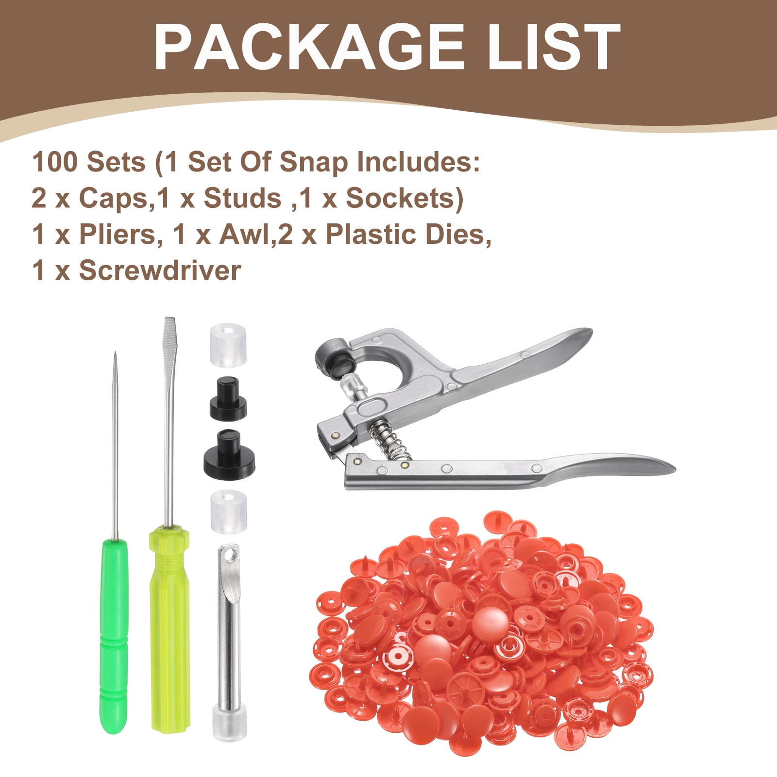 Uxcell Plastic Snaps Fasteners with Snap Pliers, 100 Set T8 Round Resin No-Sew Button Snap Fasteners Kit Watermelon Red