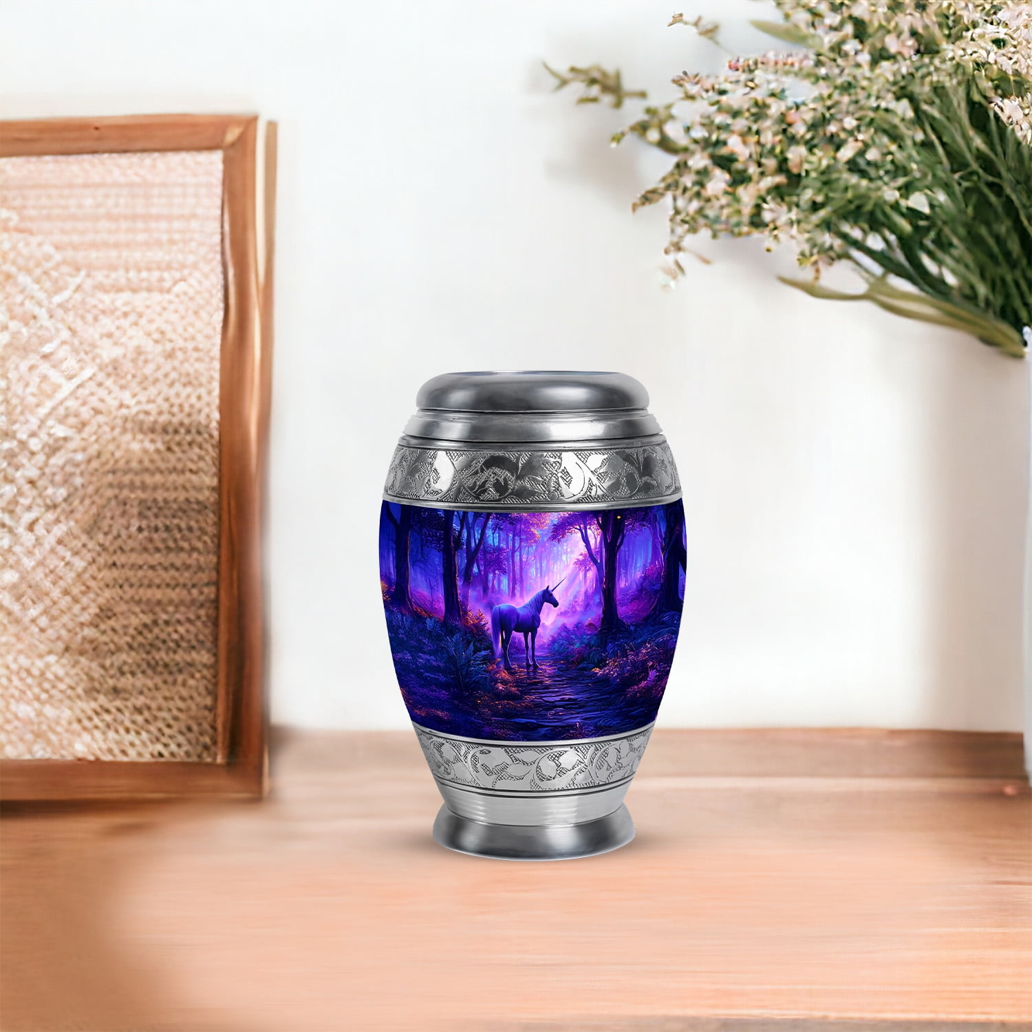 JAGASY Unicorn Small Memorial Cremation Urn for Girls, Blue Keepsake Urns for Human Ashes, Sunset Forest Trees Decorative Urns for Friends, Funeral Mini Urn for Boys, (3 Inch)