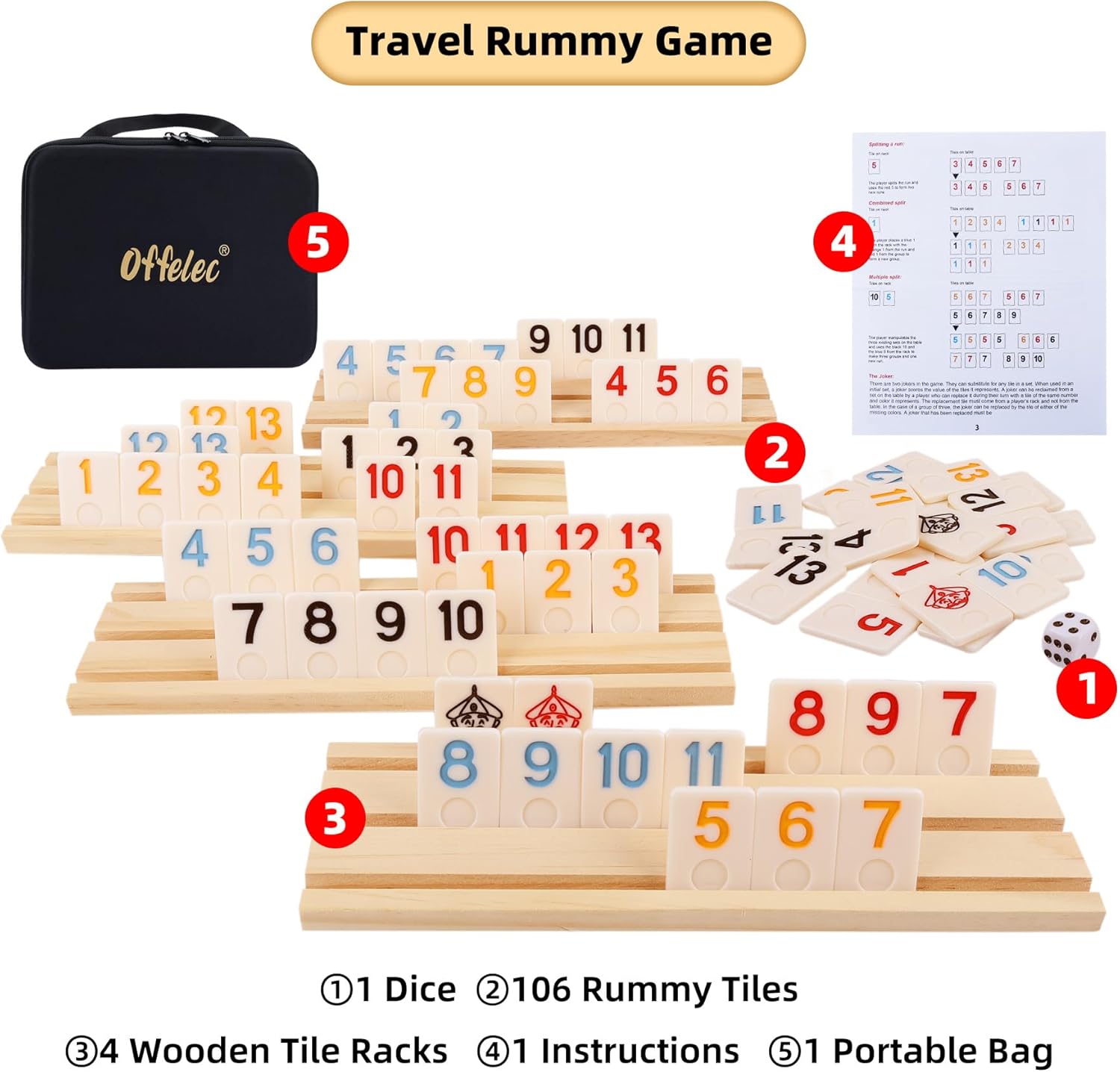 Rummy Cube Game Set with 106 Large Number Tiles, 4 Wooden Racks, for 2-4 Players