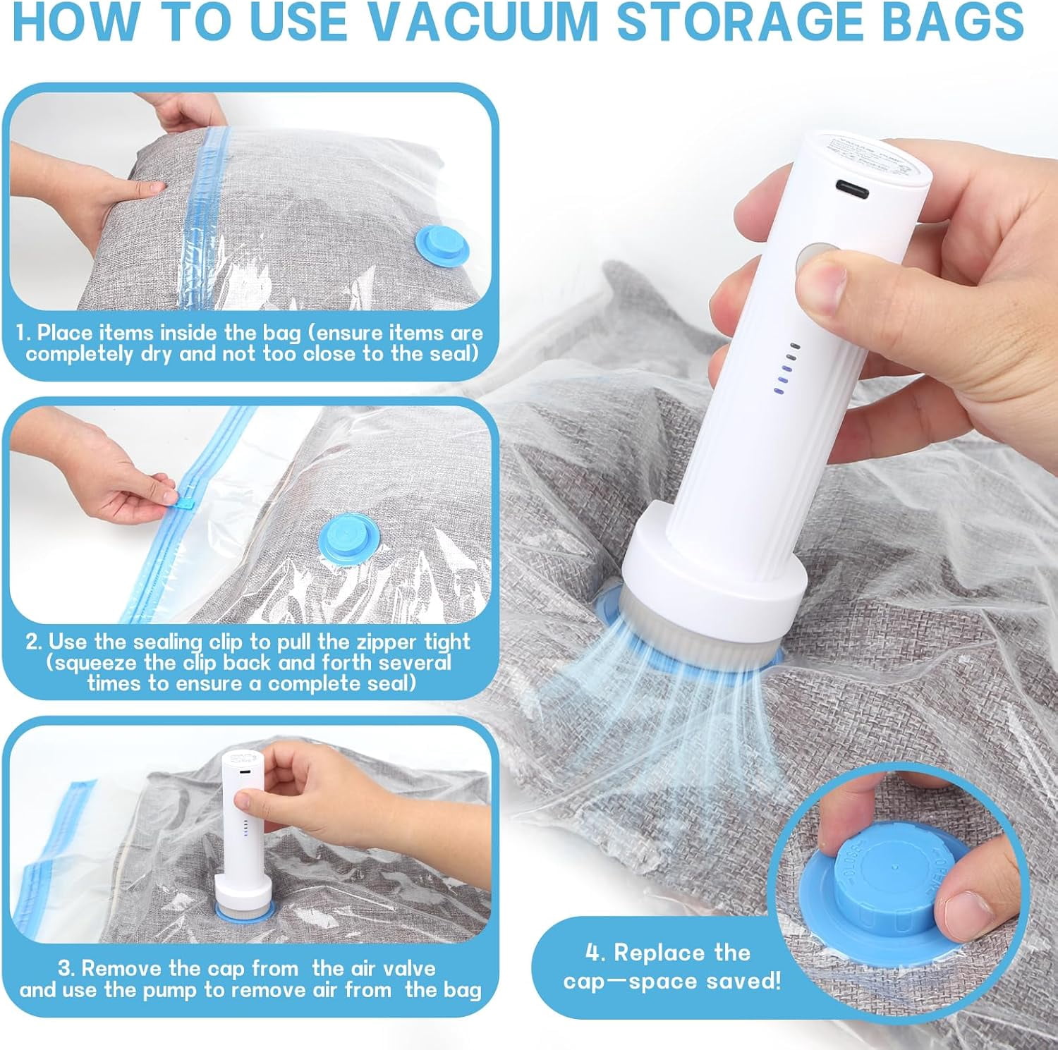 15 Pack Vacuum Storage Bags with Wireless Electric Pump, 3 Sizes for Clothes, Luggage, Blankets & Comforters