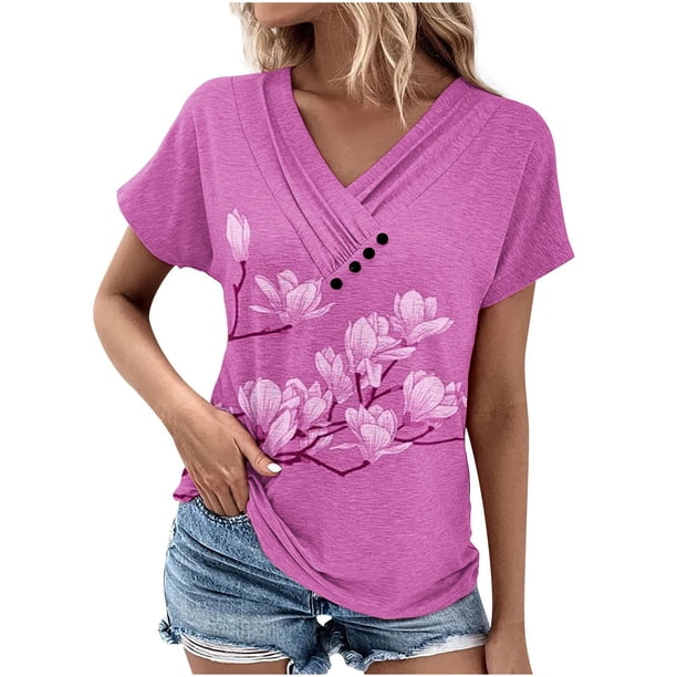 Camiseta de Manga Corta Suelta con Cuello en V Impresa, Blusa Casual para el Hogar Y el Uso Diario
