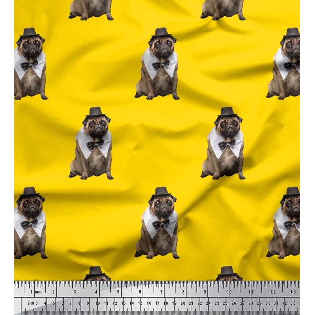Soimoi Moss Georgette Fabric Bow,Hat & Pug Dog Print Sewing Fabric Yard 42 Inch Wide
