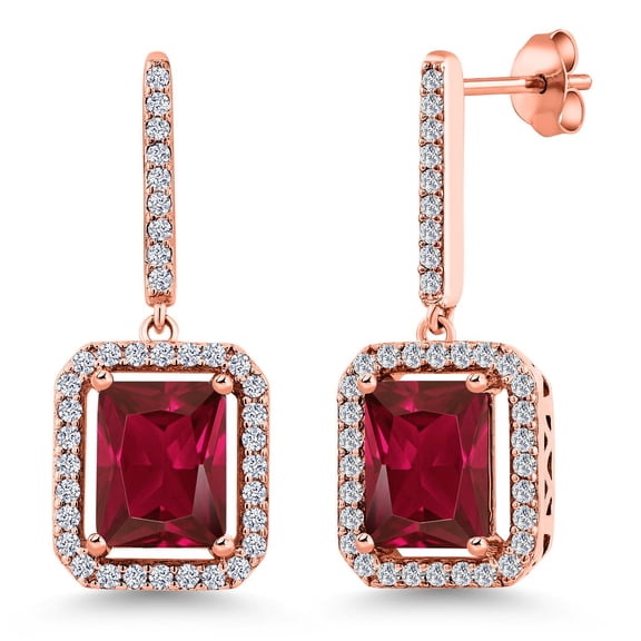 Gem Stone King 6.56 Ct Emerald Cut Red Created Ruby 18K Rose Gold Plated Silver Earrings