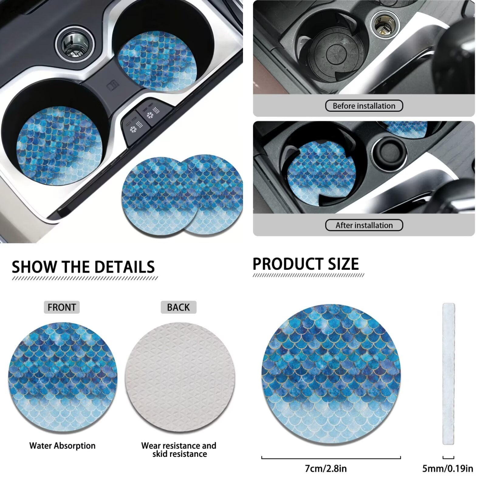 Garronmavis Blue Fish scale Car Assecories, Include Steering Wheel Cover Gear Shift Cover Handbrake Cover Headrest Cover Cup Coasters for Women Men Car Interior Decor for Sedan SUV Truck