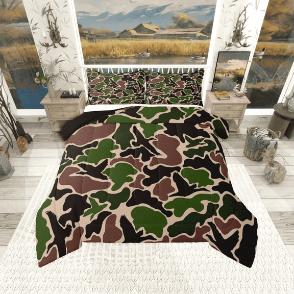 Manfei Camouflage Duck 2pcs Twin Comforter Set - Farmhouse Green Brown Style