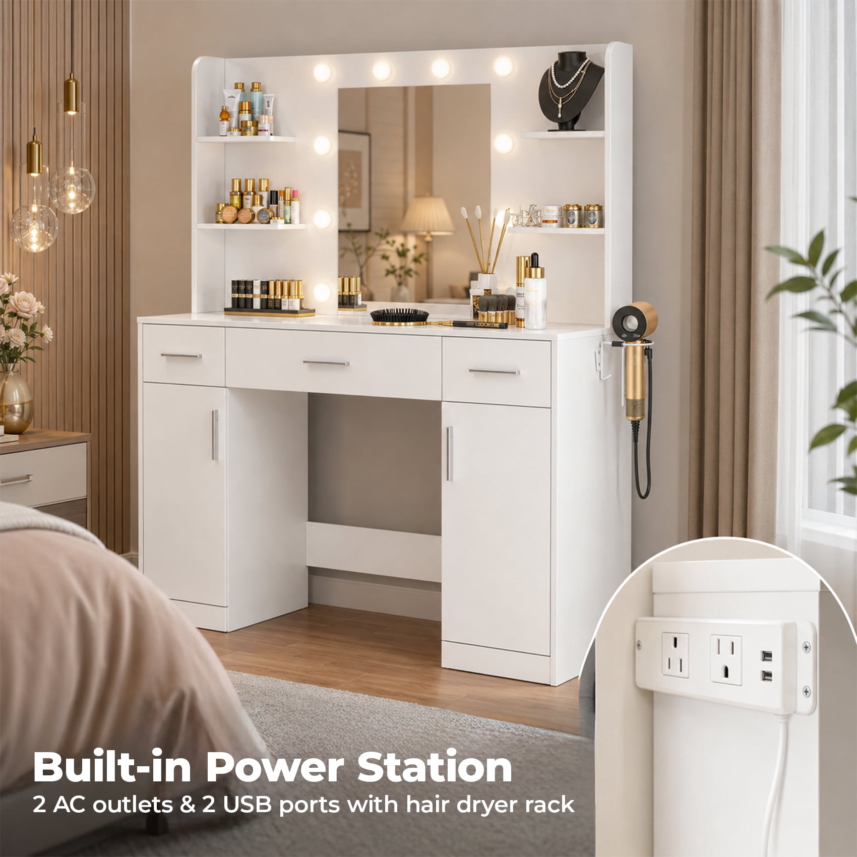 Alvantor Vanity Desk with Mirror & Lights, LED Makeup Table with Drawers & Shelves, USB Ports, White