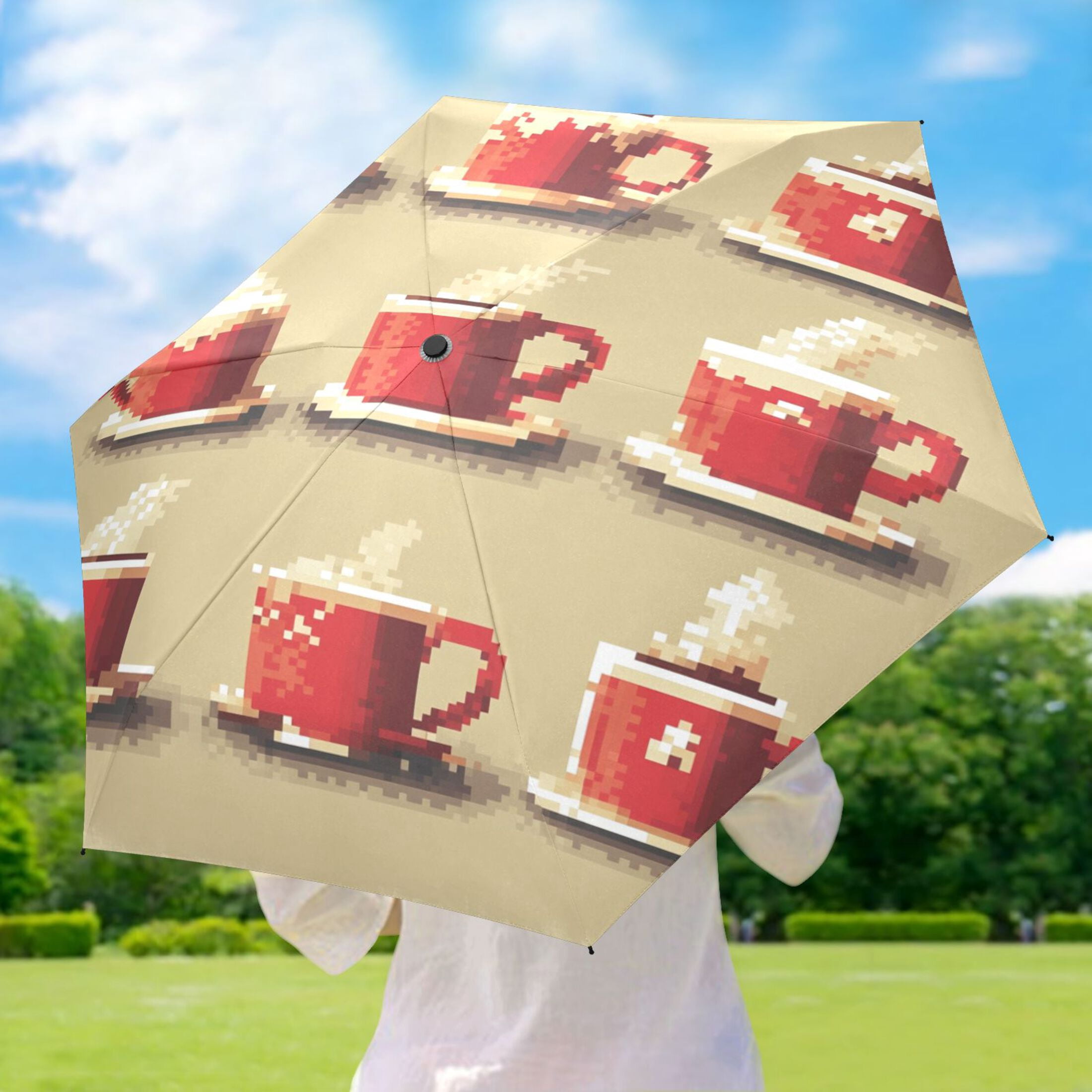 Coffee Cups Umbrellas for Sun Auto Open Close UV50+ Waterproof 5-Fold Compact Fiberglass Frame