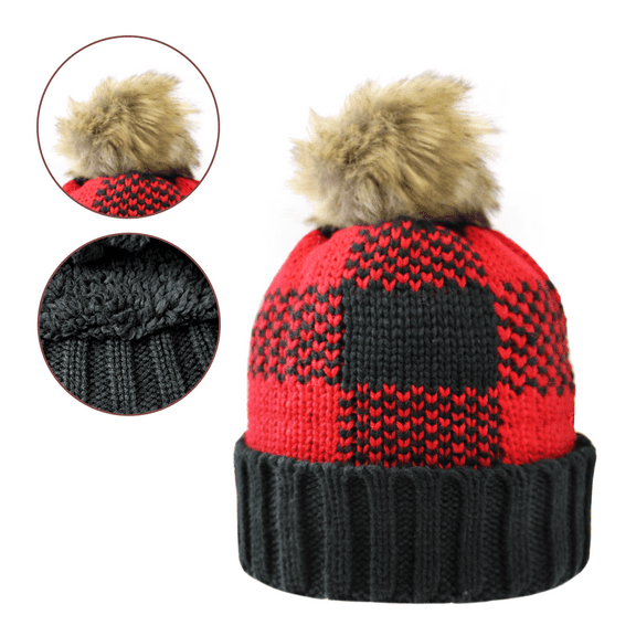 BNCO Apparel Buffalo Plaid Winter Beanie Hat with Faux Fur Pompom & Inner Plush Lining