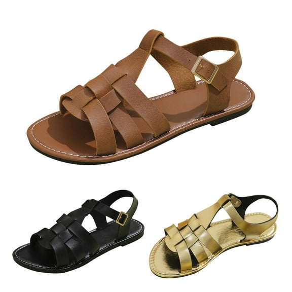 Sandals for Women 2025, Xunlbb Women's Fashion Casual Summer New Large Size Flat Buckle Hollow Open Toe Beach Sandals(Black,Size:36)