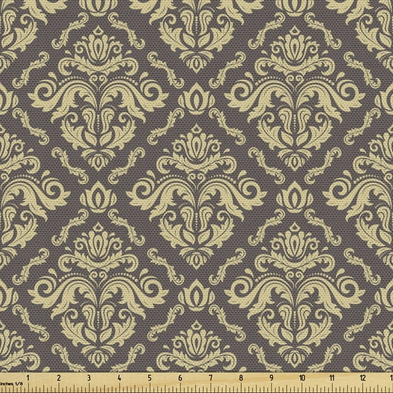 Oriental Fabric by the Yard Upholstery, Classical Pattern with Damask Ornaments Antique Flourish Curly Leaves Pattern, Decorative Fabric for DIY and Home Accents, Taupe and Beige by Ambesonne