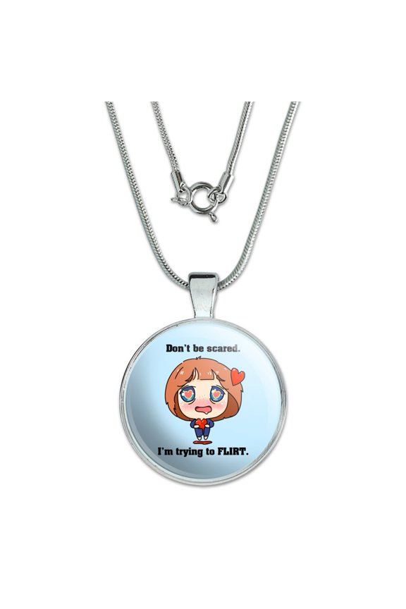 Don't Be Scared I'm Trying to Flirt Kawaii Chibi Heart 1" Pendant with Sterling Silver Plated Chain