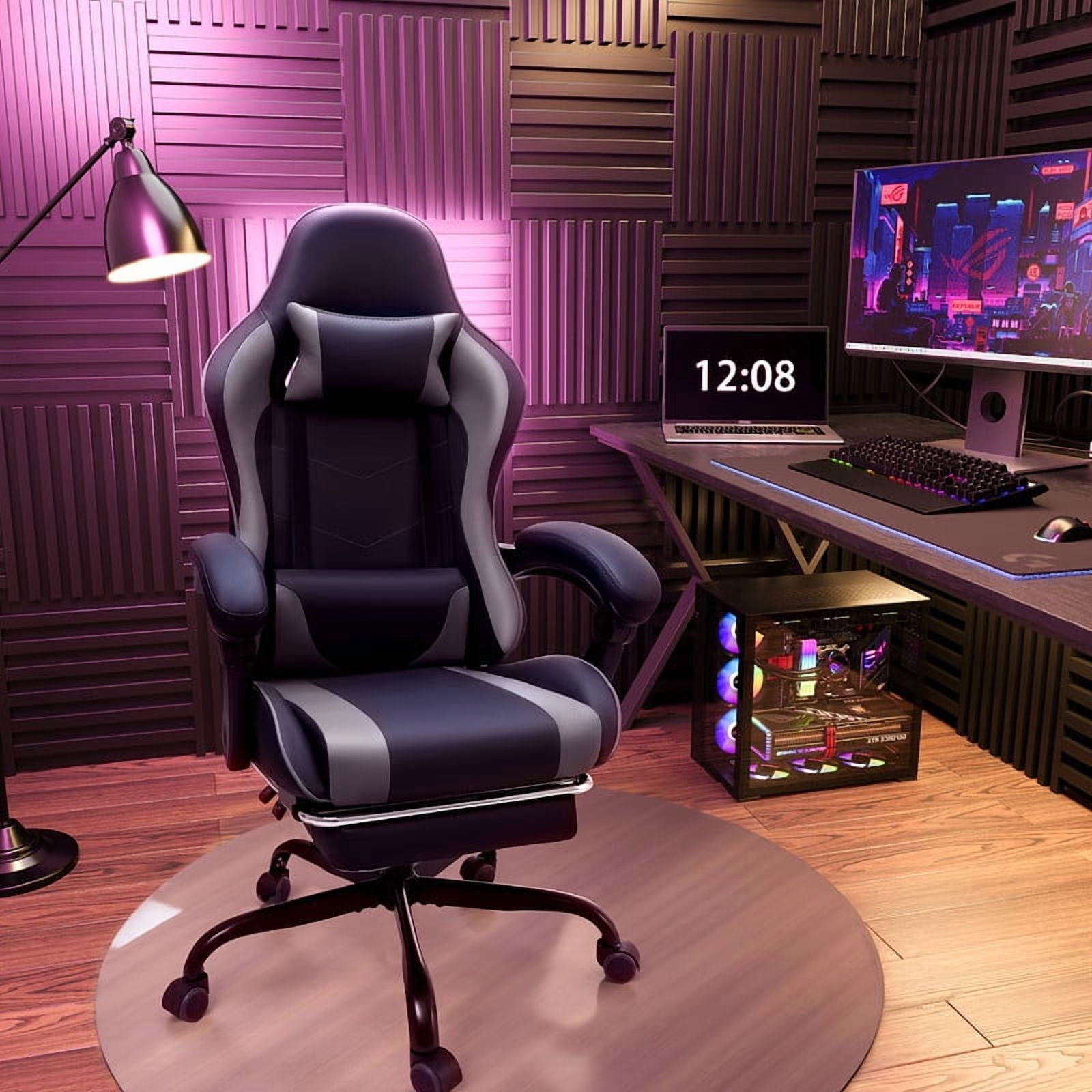 Homall  PU Leather Gaming Chair Massage Ergonomic Gamer Chair Height Adjustable Computer Chair with Footrest & Lumbar Support,Gray