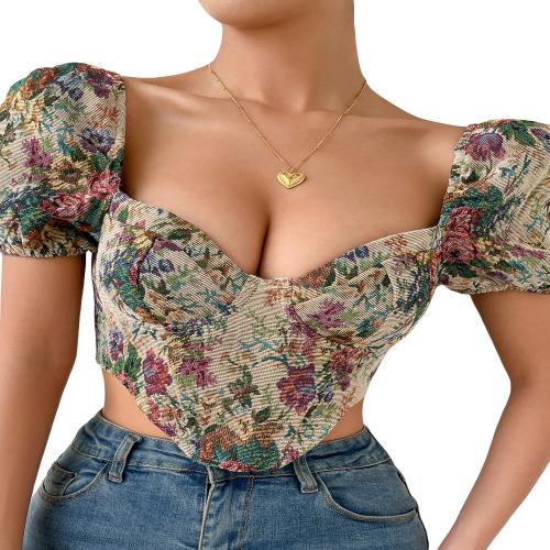 Sunloudy Women Summer Crop Tops, Vintage Floral Deep V Neck Short Bubble  Sleeve Tight Blouse with Back Zipper 