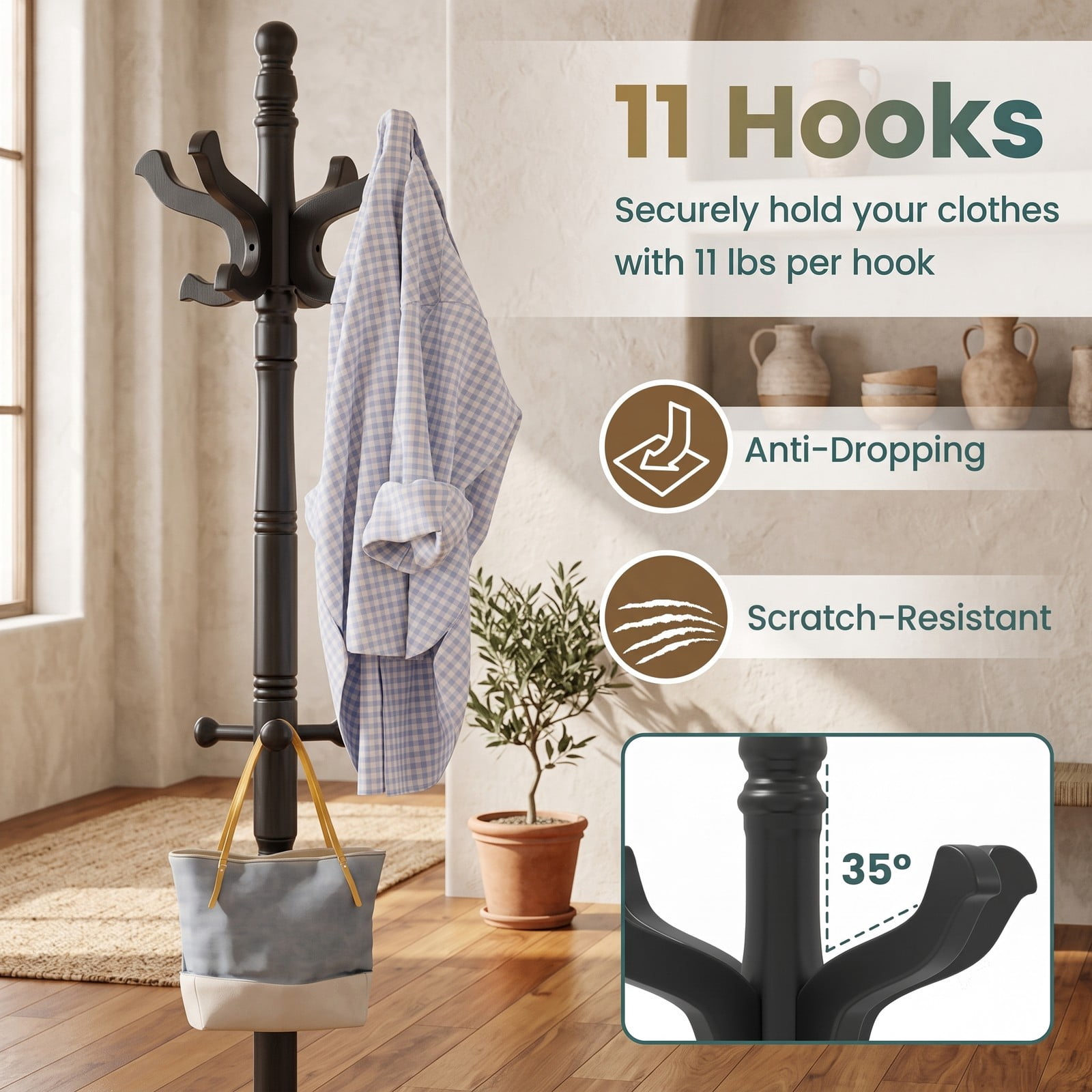 Furnibear Solid Wood Hall Tree Freestanding Coat Rack with 11 Hooks and 3 Height Options for Entryway Hallway Bedroom and Office, Black