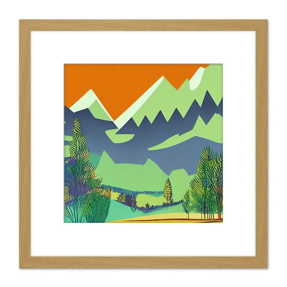 Mountains And Forest Geometric Landscape Illustration Green Orange Square Wooden Framed Wall Art Print Picture 8X8 Inch