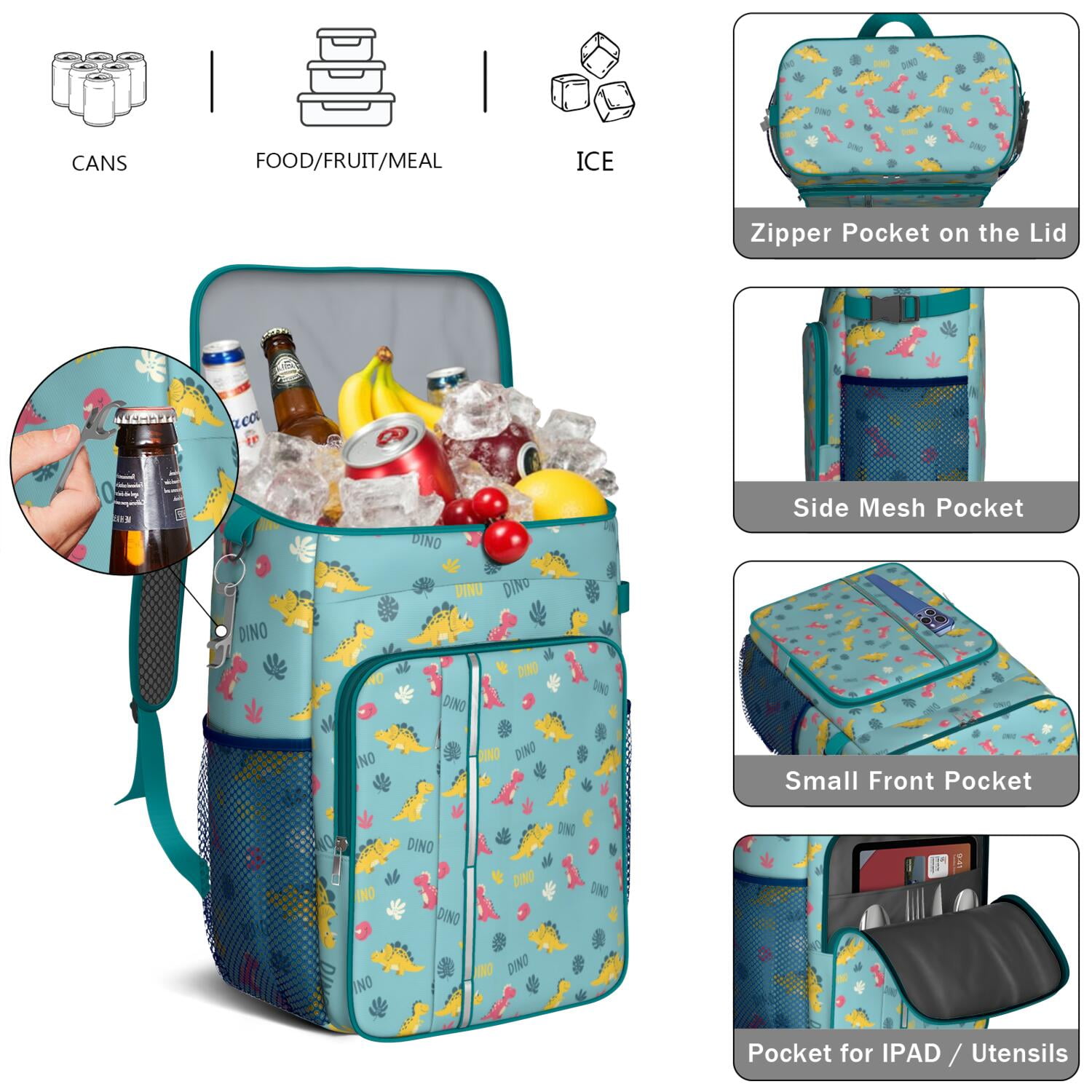 Travel Cooler Bag - Light Blue Dinosaurs Text Pattern Camping Beer Cooler Backpack with Bottle Opener- Waterproof Insulated Picnic Backpacks - Cooler Bag for Beach