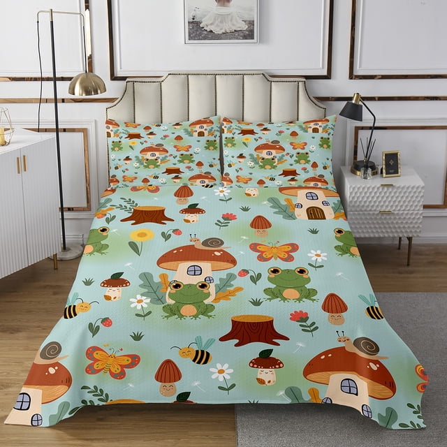 Erosebridal Ensembles de Courtepointe Cartoon Frog pour Lit Simple, Ensemble de Literie Champignon Papillon Escargot, 2 Pcs