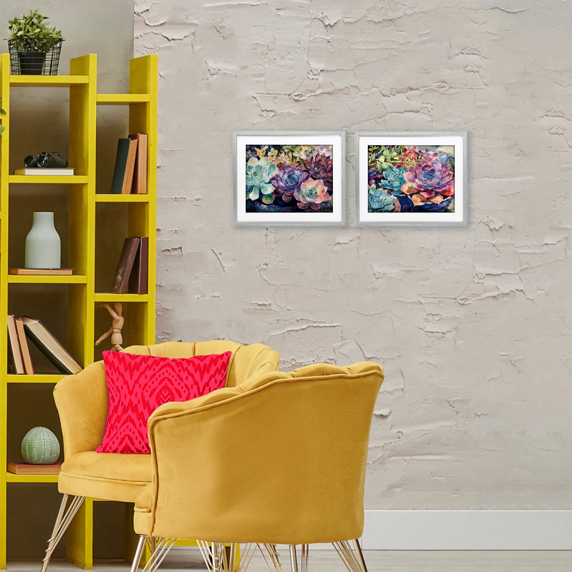 Stupell Industries Sunny Watercolor Succulents 2 Piece Gray Framed Print Under Glass Set, design by Svetlana Aleynikova