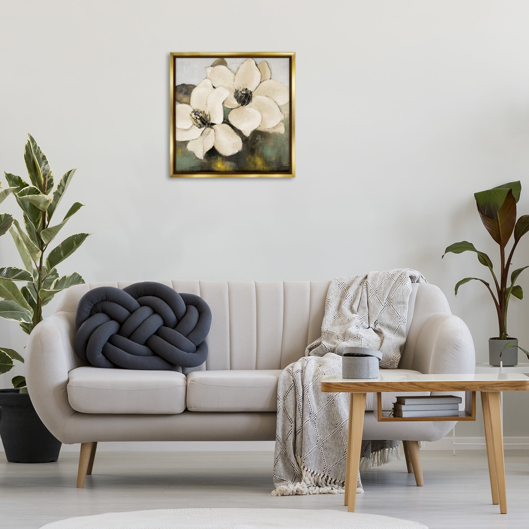 Stupell Industries Magnolia Blossom Duo Botanical & Floral Painting Gold Floater Framed Canvas Art Print Wall Art, 25 x 25