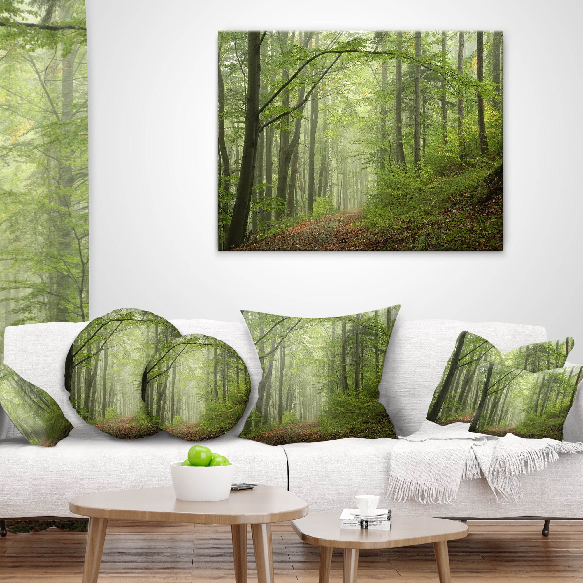 Designart Early Green Fall Forest - Landscape Photo Throw Pillow - 12x20