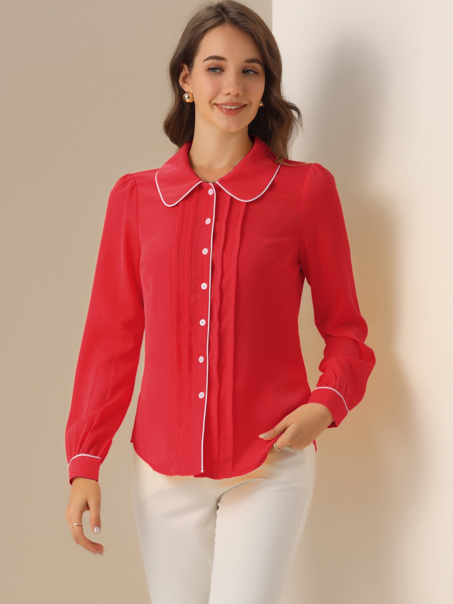 DARING DIVA Women's Collar Shirt Long Sleeve Elegant Button Down Blouse L Red