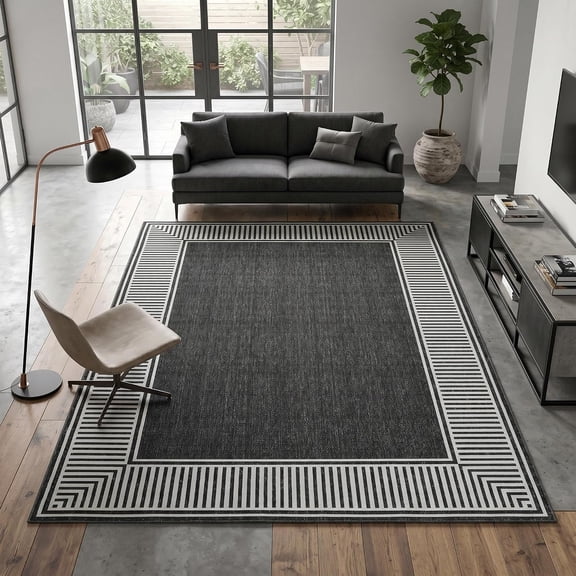 9x12 Ft Area Rug Living Room Washable Non Slip Low Pile Modern Bordered Black