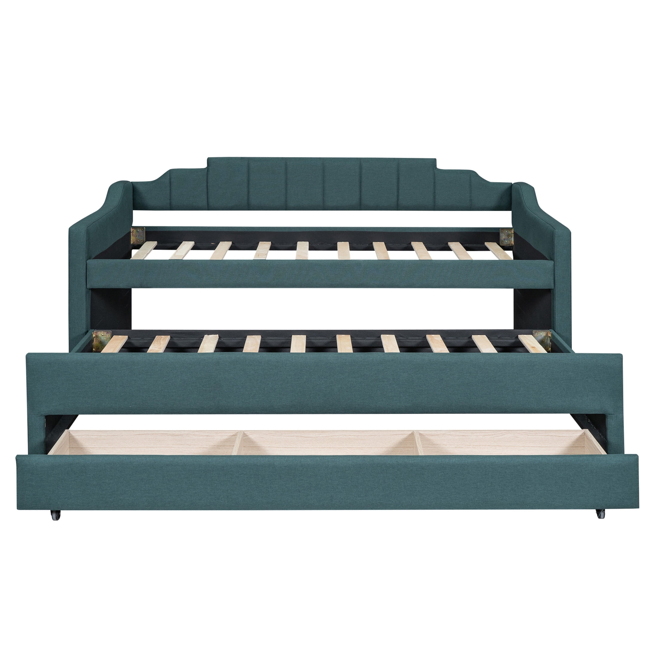 Noble House Norwick Twin Linen-Blend Upholstered Daybed with Trundle and Storage Drawers, Green