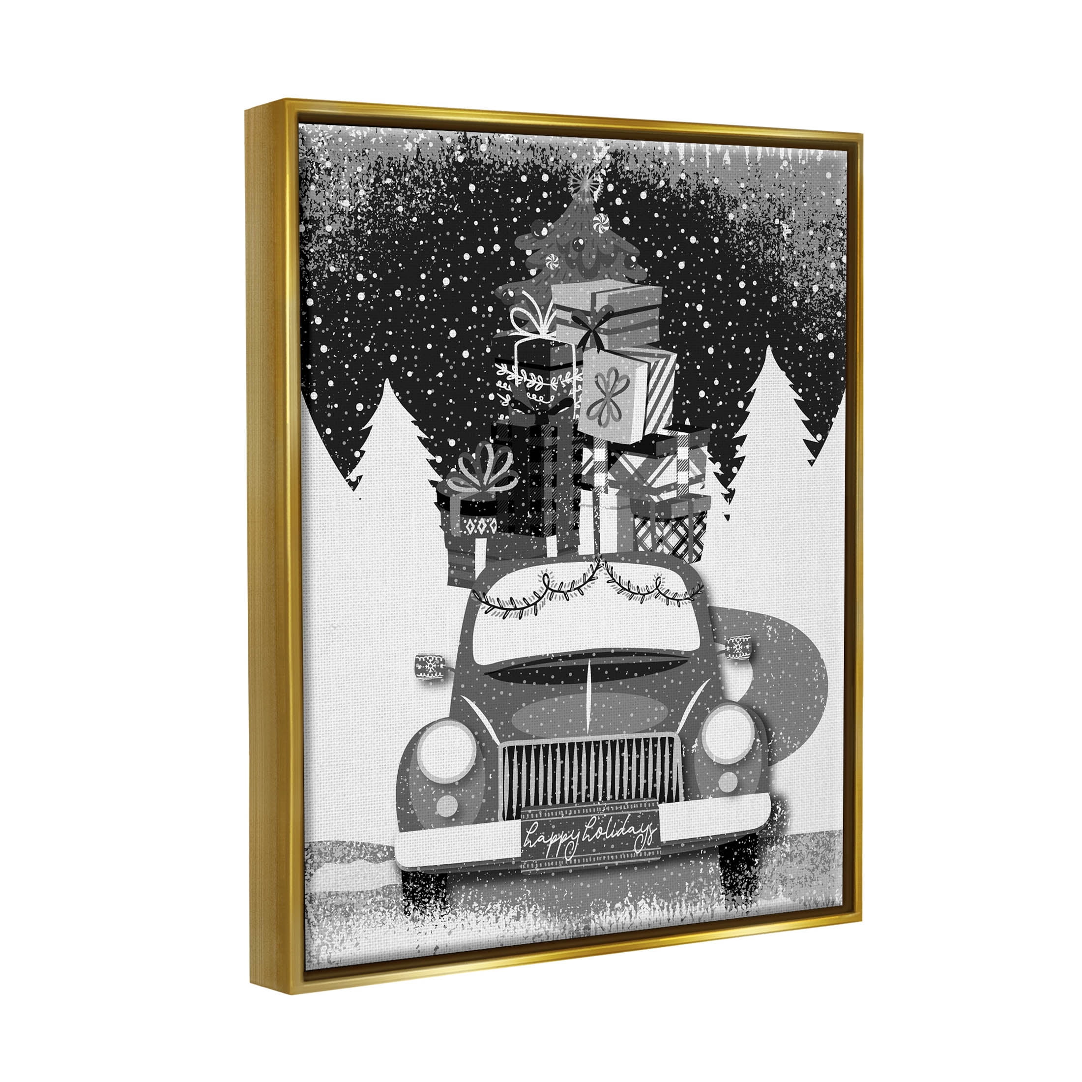 Stupell Industries Happy Holidays Gifts Car Graphic Art Metallic Gold Floating Framed Canvas Print Wall Art, Design by Andrea Jasid Grassi