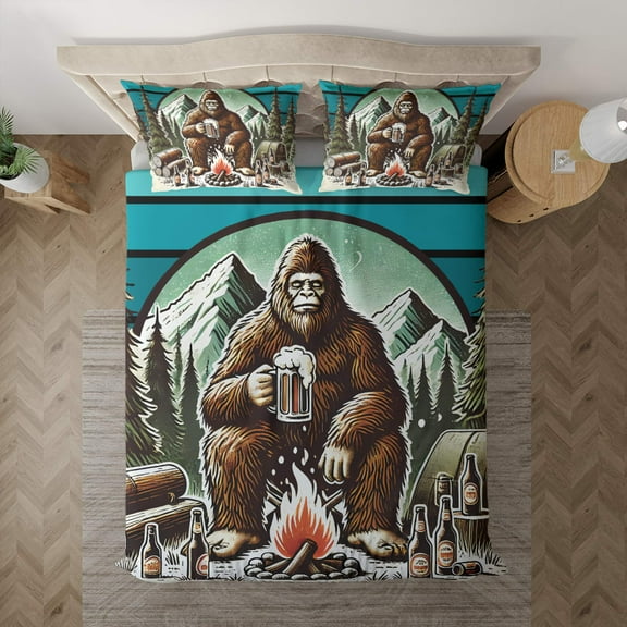 Lotusprinthandmade Bigfoot Camping with Beer Bedding Set (Made in Vietnam) (60x80), humorous bigfoot camping bed set