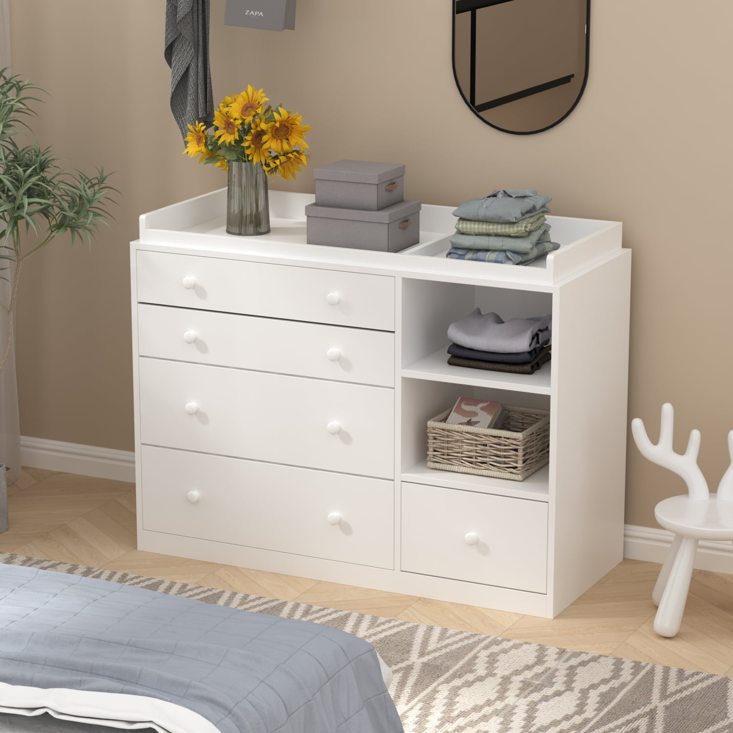 OXYLIFE Baby Changing Table Dresser Nursery Chest with Storage,5 Drawers&2 Shelves,White